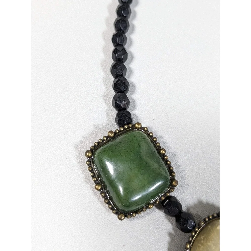 Black Glass Bead green Ivory Color Acrylic Square Oval Cabochon Necklace 16.5 in